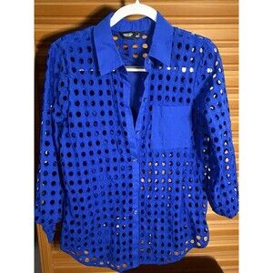 Simply Vera Wang Shirt Women Small Blue Eyelet Long Sleeve Button-Up Shirt Sheer
